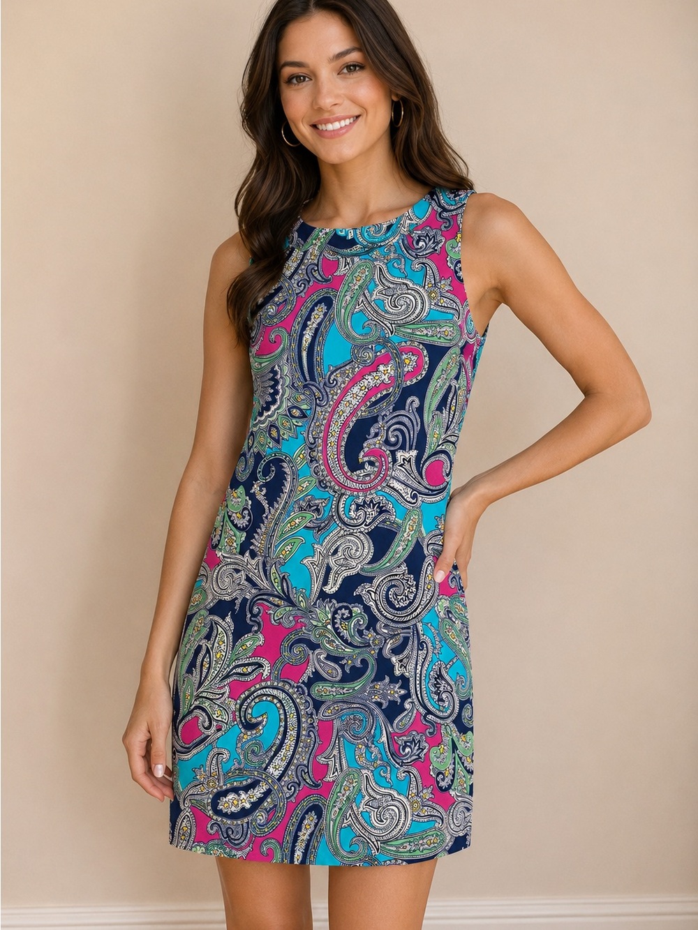 Jude Connally Sleeveless Paisley Shift Dress Pink Blue Green Size Small